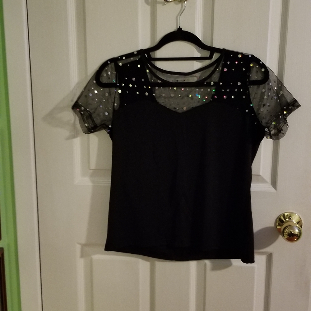 NWOT Cute Black Top with Sheer Sparkle Sleeves